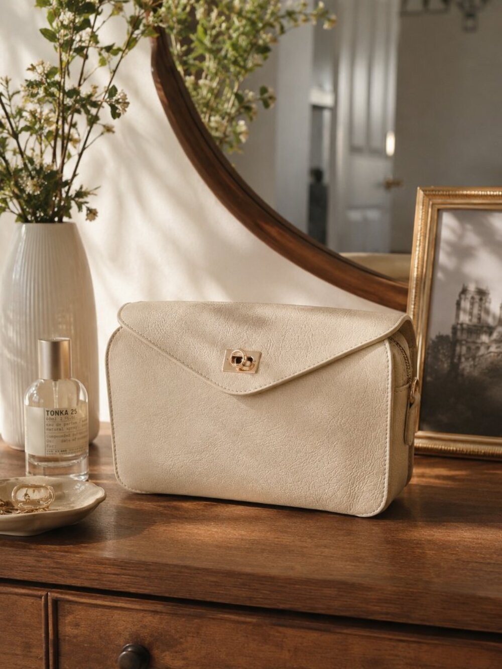 Beige Leather Crossbody Bag, Minimalist Rectangular Handbag